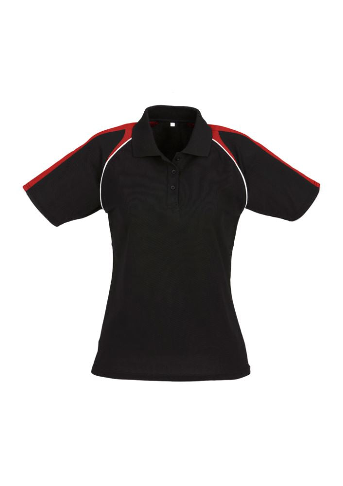 Ladies Triton Polo in black, red, and white, Size 24, featuring breathable fabric, raglan sleeves, and stylish design elements.