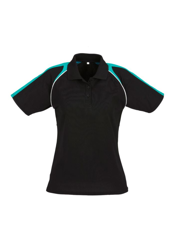 Stylish Ladies Triton Polo in Black, Teal, and White, Size 14, featuring a sporty design and UPF sun protection.