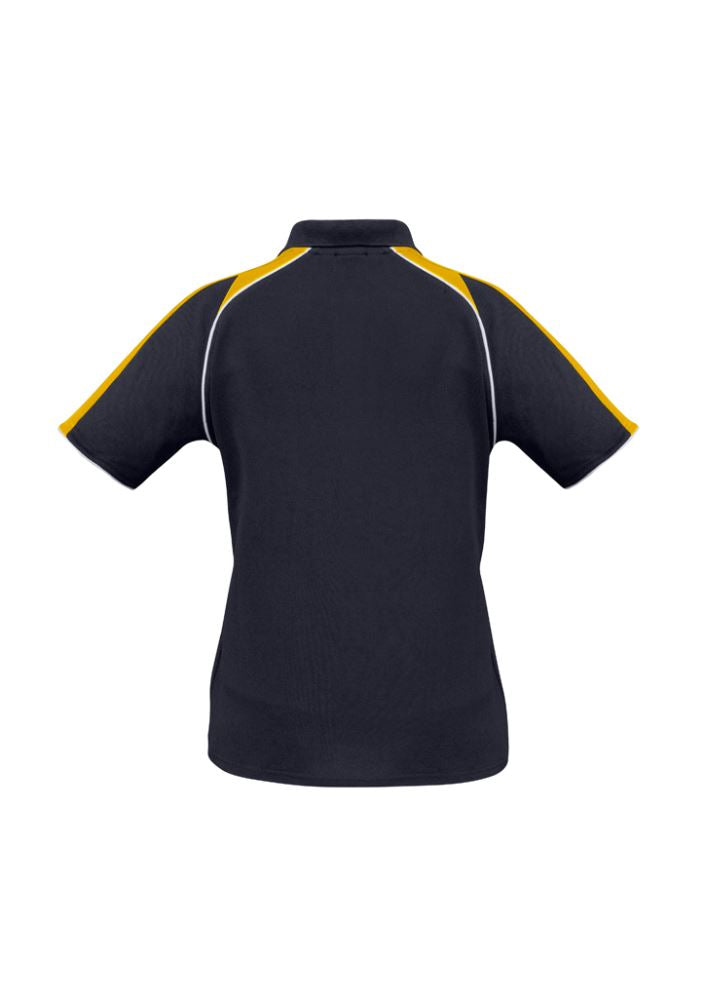 Ladies Triton Polo in Navy/Gold/White, size 20, featuring raglan sleeves, piping cuffs, and UV protection for stylish comfort.