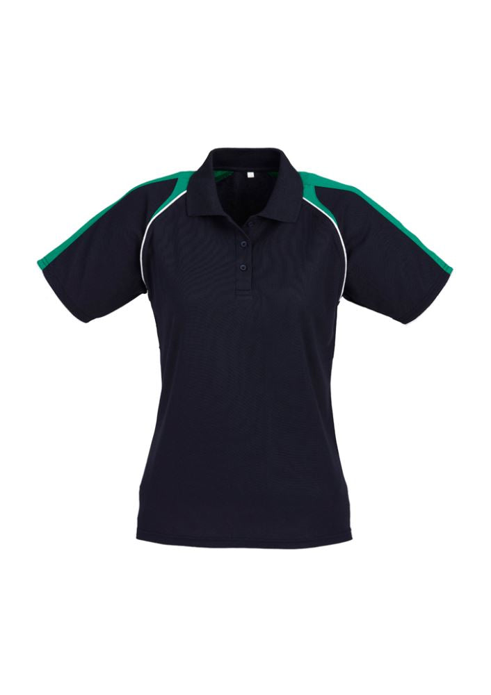 Ladies Triton Polo in Navy, Kelly Green, and White, size 16, featuring breathable fabric and stylish raglan sleeves.