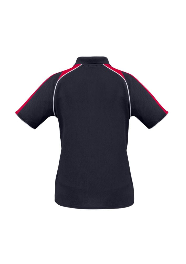 Ladies Triton Polo in navy, red, and white featuring breathable fabric, stylish raglan sleeves, and a flattering fit in size 24.
