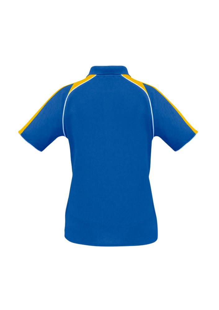 Ladies Triton Polo in Royal, Gold, and White, Size 10; features breathable fabric, stylish design, and UPF protection.