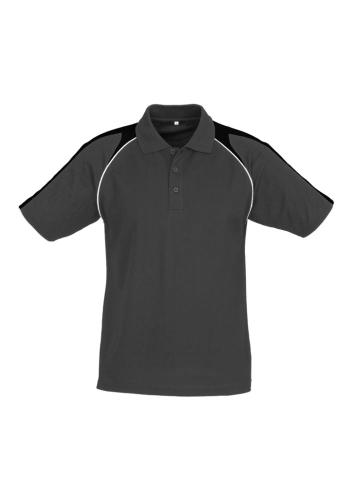 Men's Triton Polo in Ash/Black/White, featuring raglan sleeves, contrast panels, and a loose pocket for essentials. Size S.