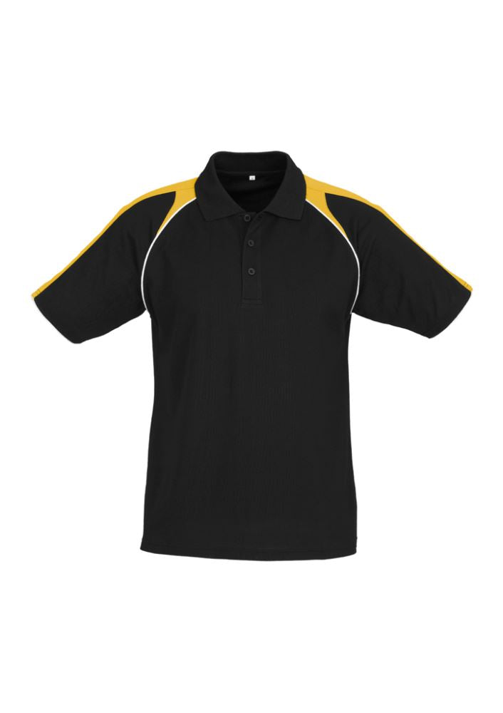Mens Triton Polo in Black, Gold, and White, featuring raglan sleeves, knitted collar, and breathable fabric—perfect for casual or business wear.