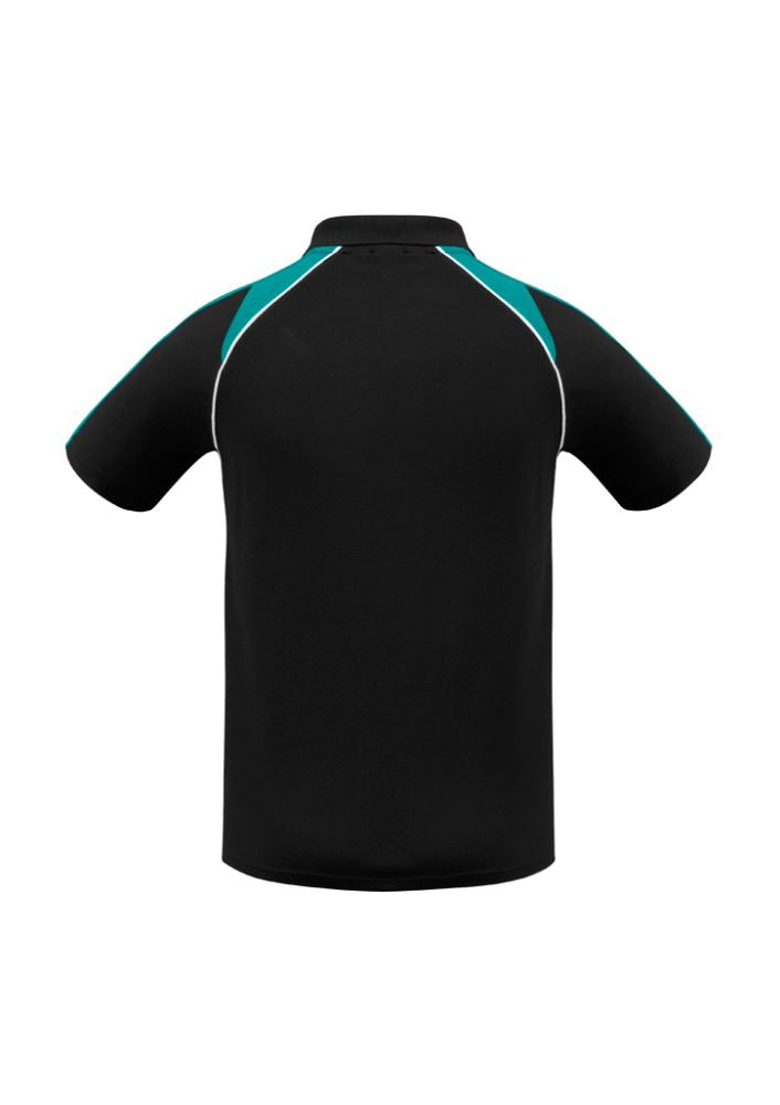 Mens Triton Polo in Black/Teal/White, Size L, features breathable fabric, modern fit, raglan sleeves, and UPF sun protection.