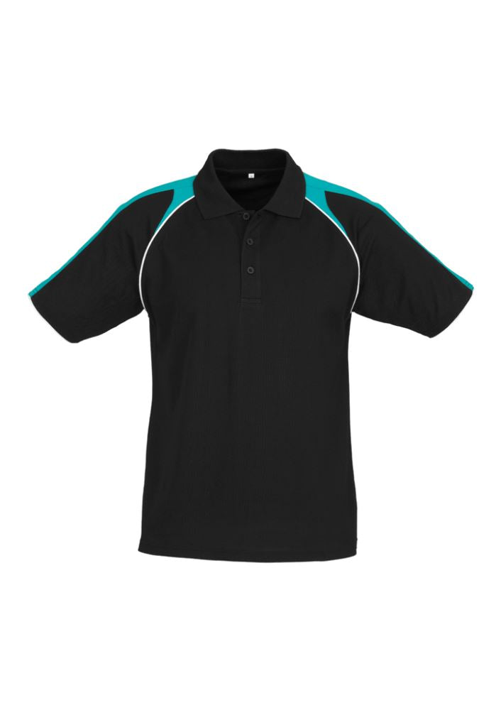 Men's Triton Polo in Black, Teal, and White, Size S; features raglan sleeves, piping trim, and a functional pocket.