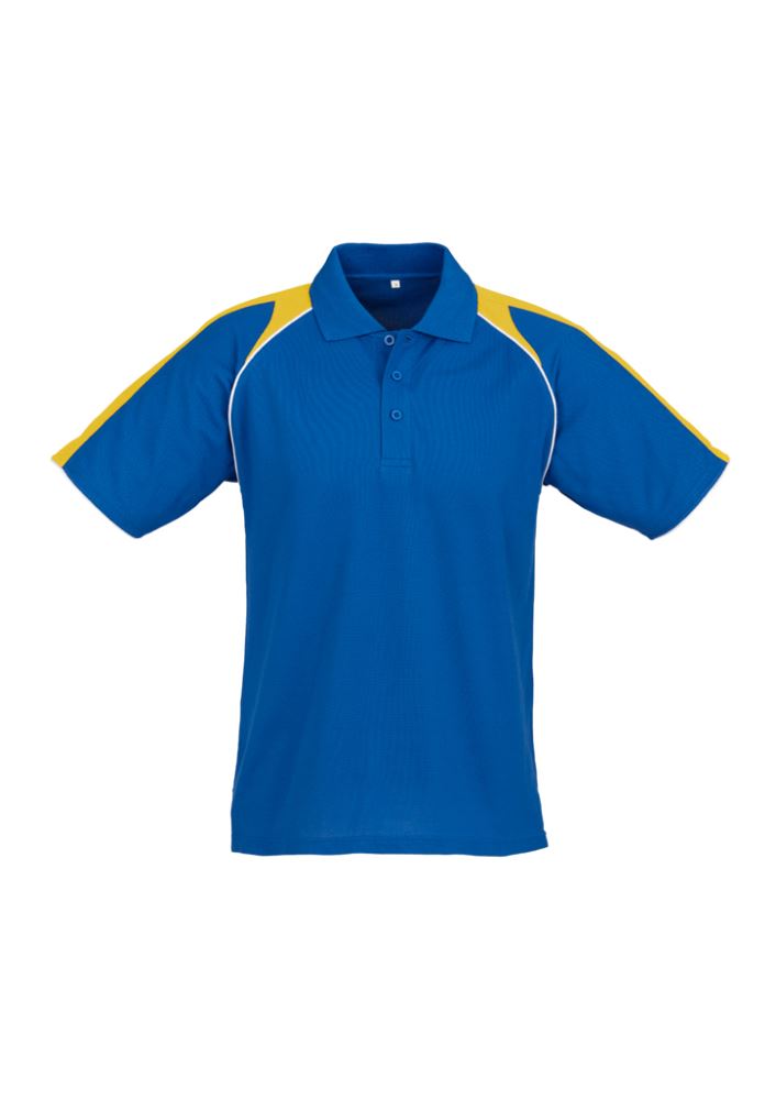 Men's Triton Polo in royal, gold, and white with raglan sleeves, breathable fabric, and loose pocket, perfect for casual wear.