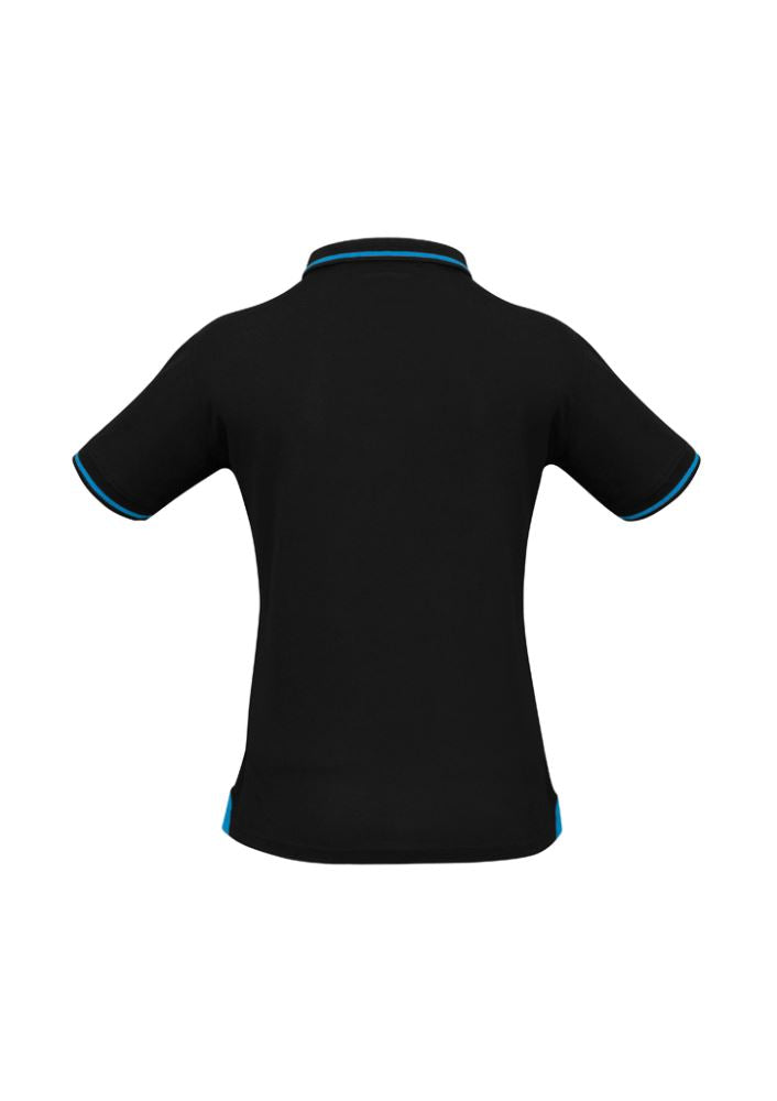 Ladies Jet Polo in Black/Cyan, size 16; stylish, breathable, with sun protection and a flattering fit for casual wear.