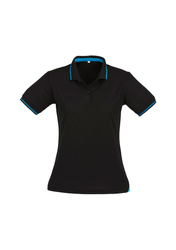 Stylish Ladies Jet Polo in Black/Cyan, size 8, featuring contrast hem, breathable fabric, and UPF sun protection.