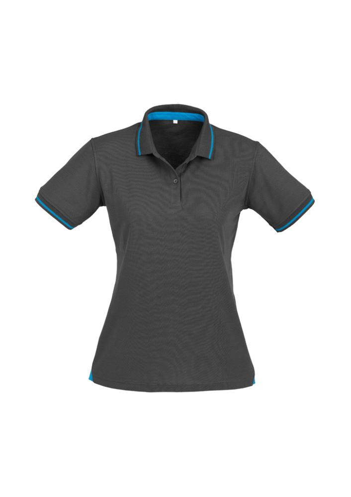 Ladies Jet Polo in Steel Grey and Cyan Blue, size 12, featuring breathable fabric, stylish details, and good sun protection.