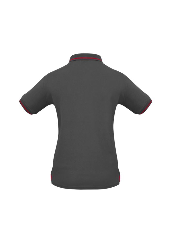 Stylish Ladies Jet Polo in Steel Grey/Red, Size 22, featuring breathable fabric, UPF protection, and modern design details.