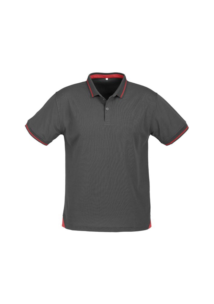 Men's Jet Polo in Steel Grey/Red, size S, features breathable fabric, modern collar, loose pocket, and UV protection.