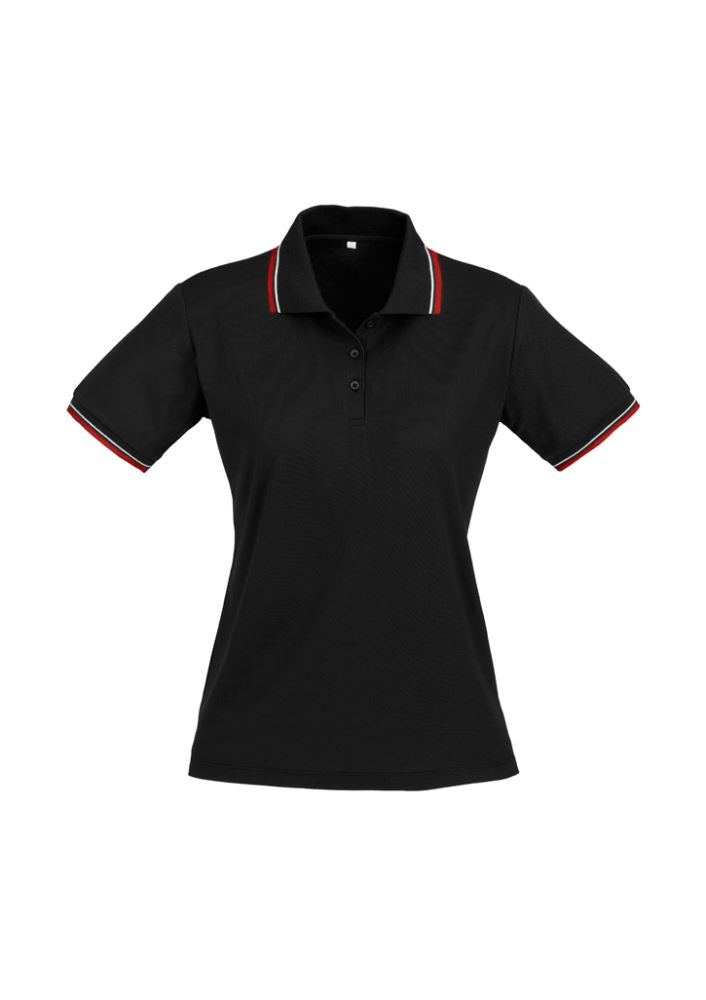Ladies Cambridge Polo in Black/Red/White, Size 22, featuring breathable fabric, stylish collar, and moisture-wicking properties.
