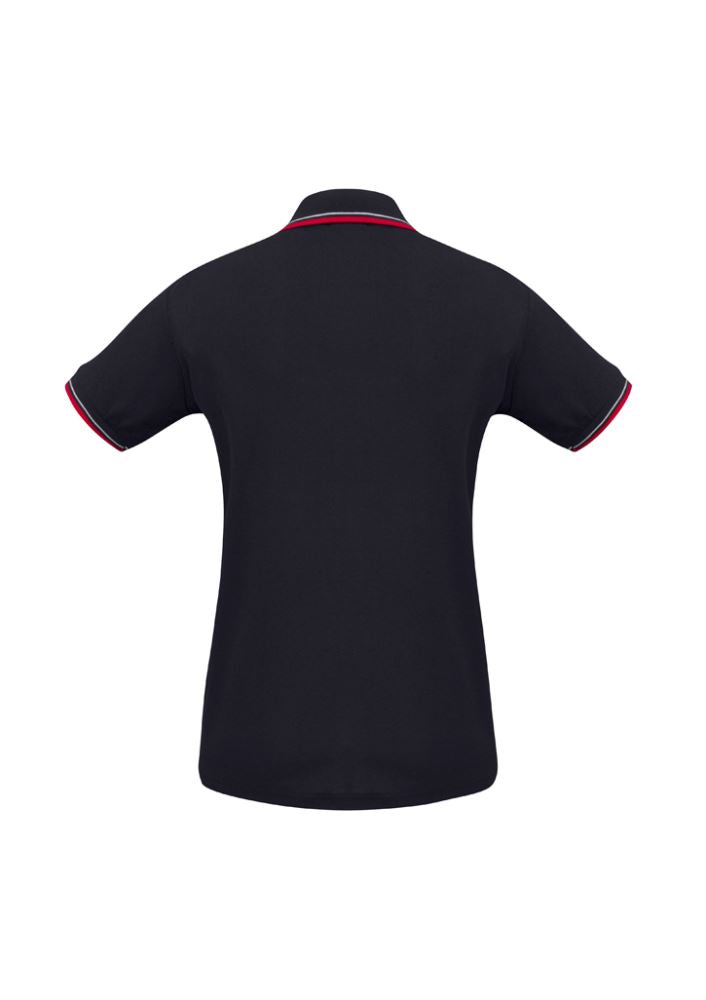 Navy, red, and white ladies polo shirt with twin stripe collar, size 8, crafted from cotton and BIZ COOL™ for comfort and style.