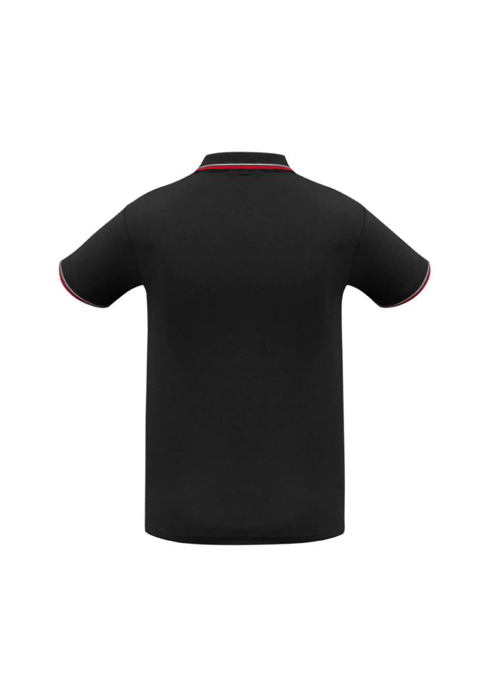 Men's Cambridge Polo in Black, Red, and White, featuring breathability, comfort, and a stylish twin stripe collar. Size S.