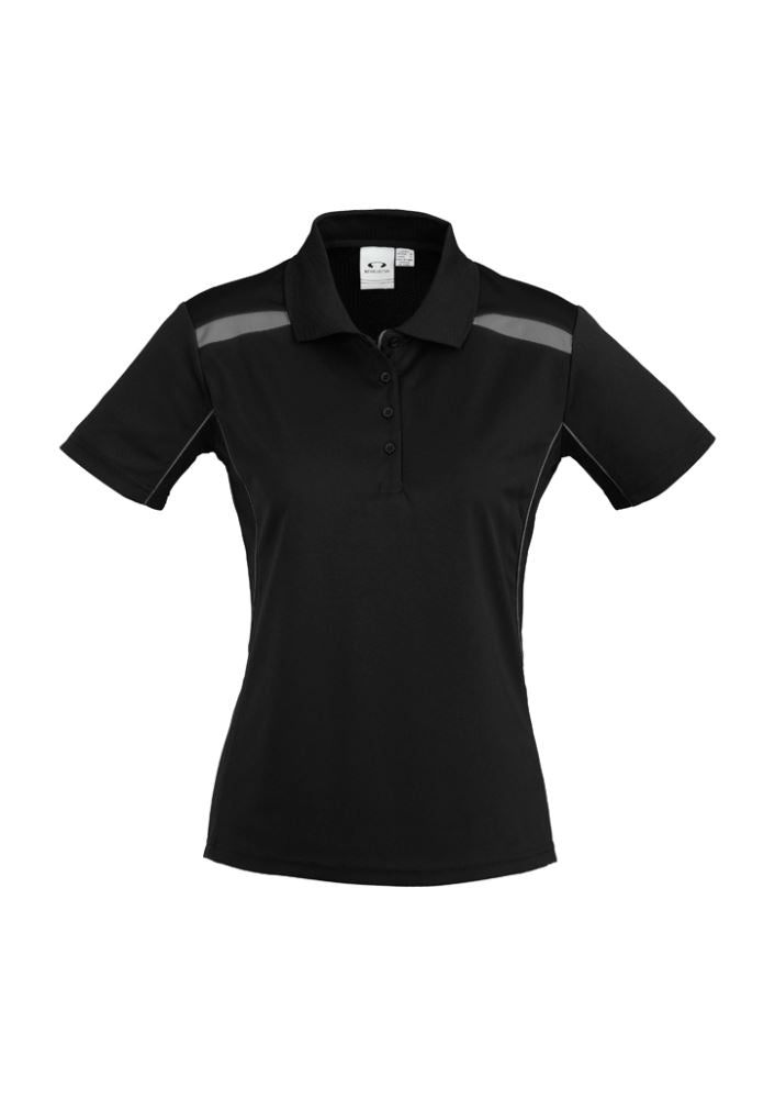 Ladies United Short Sleeve Polo in Black/Ash, Size 22, featuring breathable fabric, stylish design, and excellent UPF protection.