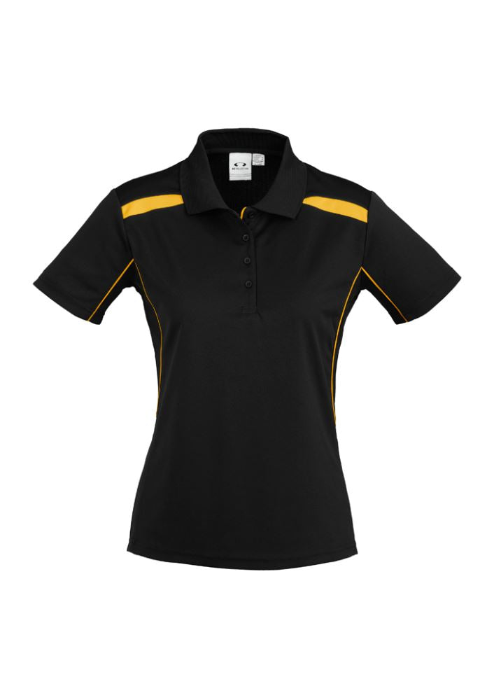 Ladies United Short Sleeve Polo in black and gold, size 22, featuring breathable fabric, contrast panels, and a stylish knitted collar.