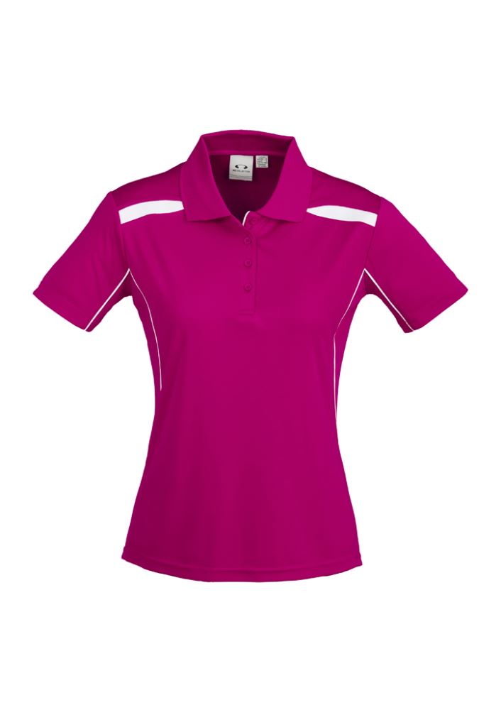 Magenta and white ladies' short sleeve polo shirt, Size 14, featuring breathable fabric and contemporary design elements.