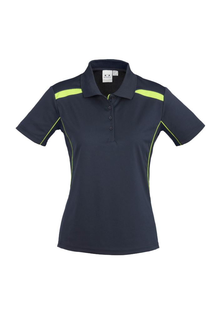 Ladies United Short Sleeve Polo in Navy/Lime, Size 18, featuring breathable fabric and stylish contrast panels for comfort and performance.