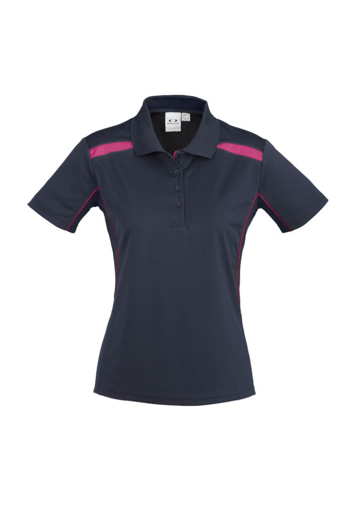 Ladies United Short Sleeve Polo in Navy/Magenta, size 12, featuring breathable fabric, UV protection, and stylish design.