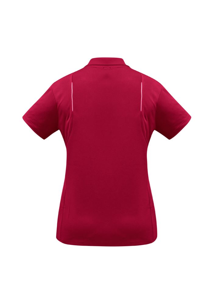 Ladies red and white short sleeve polo, size 8, featuring breathable fabric, modern design, and sun protection.