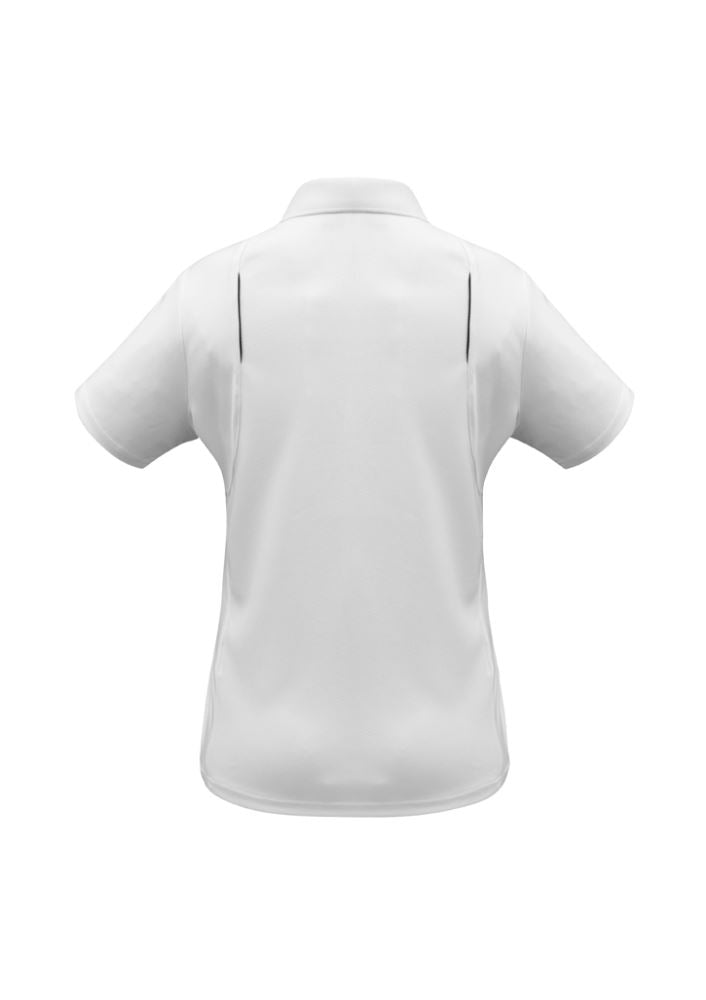 Ladies United Short Sleeve Polo in white and black, Size 10, featuring breathable fabric and stylish contrast panels.