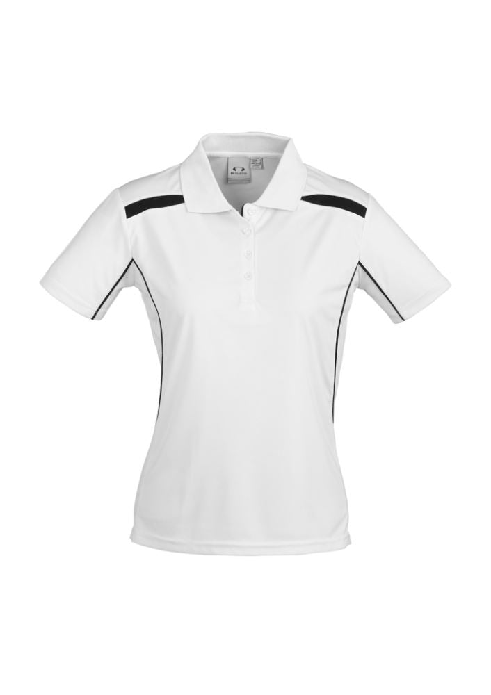 Ladies United Short Sleeve Polo in white and black, Size 16, featuring breathable fabric and stylish design for comfort and versatility.