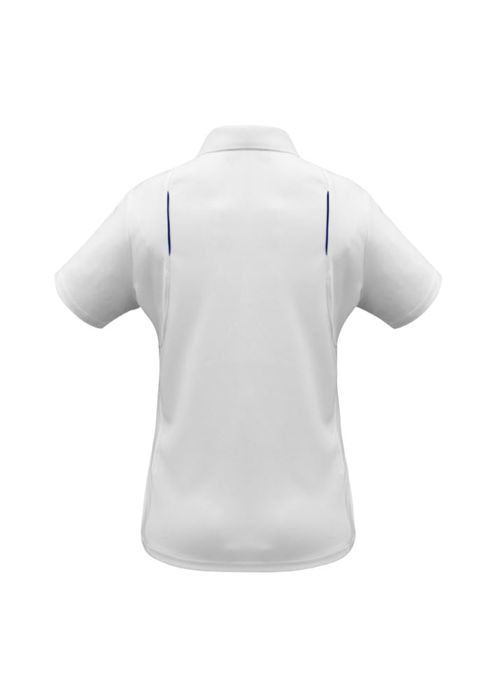 Ladies United Short Sleeve Polo in White/Navy, Size 8, featuring breathable fabric, stylish design, and excellent UPF protection.