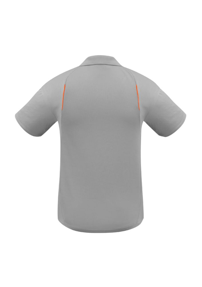 Men's United Short Sleeve Polo in Ash/Fluoro Orange, featuring breathable polyester, contrast panels, and a practical pocket.