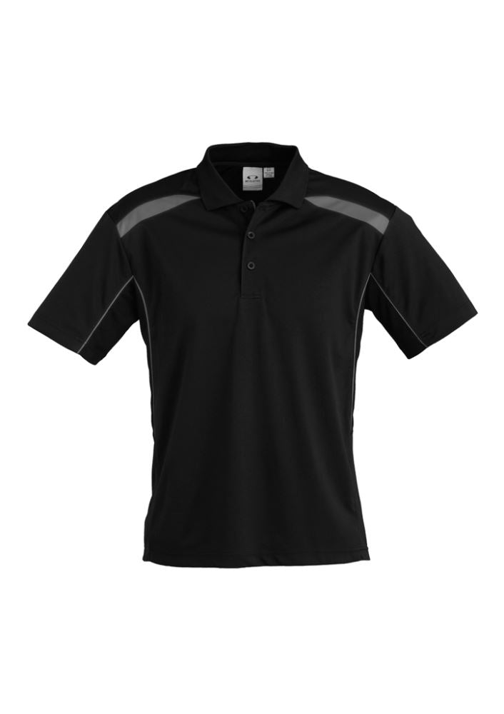 Men's United Short Sleeve Polo in Black/Ash, featuring breathable fabric, contrast panels, and a loose pocket, size 5XL.