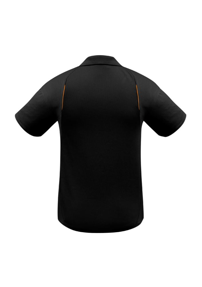 Men's black and orange short sleeve polo shirt with breathable fabric, stretch fit, mesh panels, and a stylish collar. Size M.