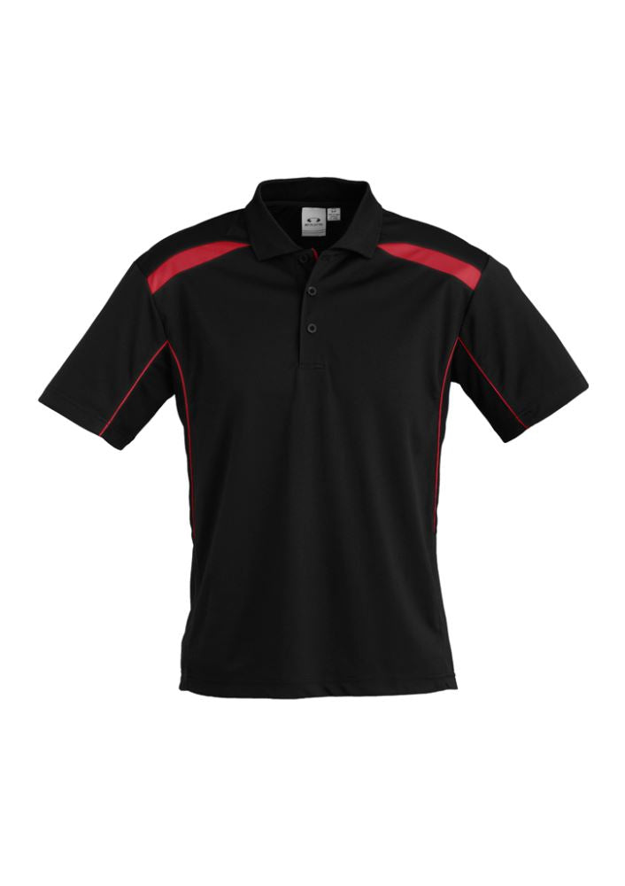 Men's United Short Sleeve Polo in Black/Red, size S, featuring breathable fabric, UPF protection, and stylish design.