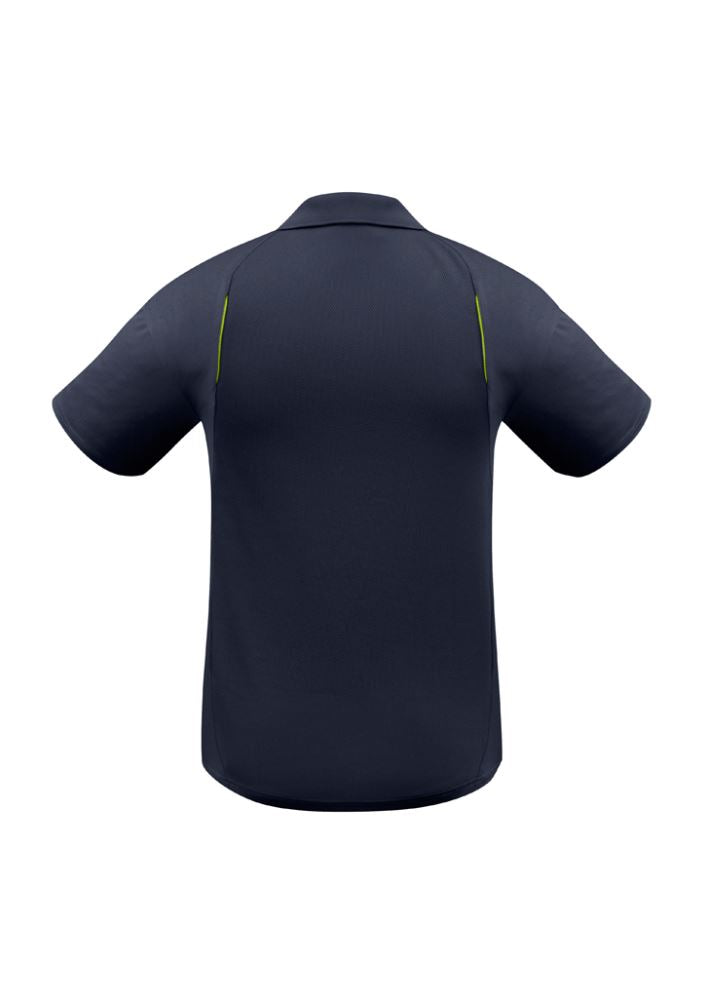 Men's navy and lime short sleeve polo with breathable fabric, UPF protection, and sporty design from Biz Collection.