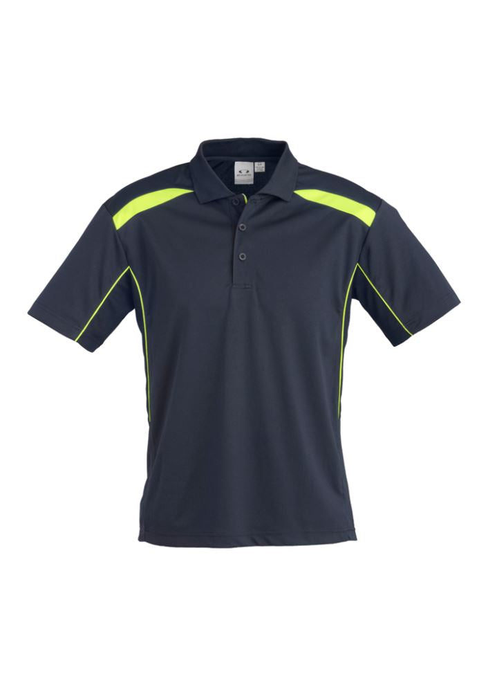 Men's navy/lime short sleeve polo, size 5XL, featuring breathable fabric, contrast panels, and a loose pocket for convenience.