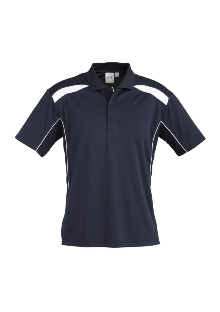 Men's navy/white short sleeve polo in size 3XL, made from breathable polyester with moisture-wicking and UPF protection.