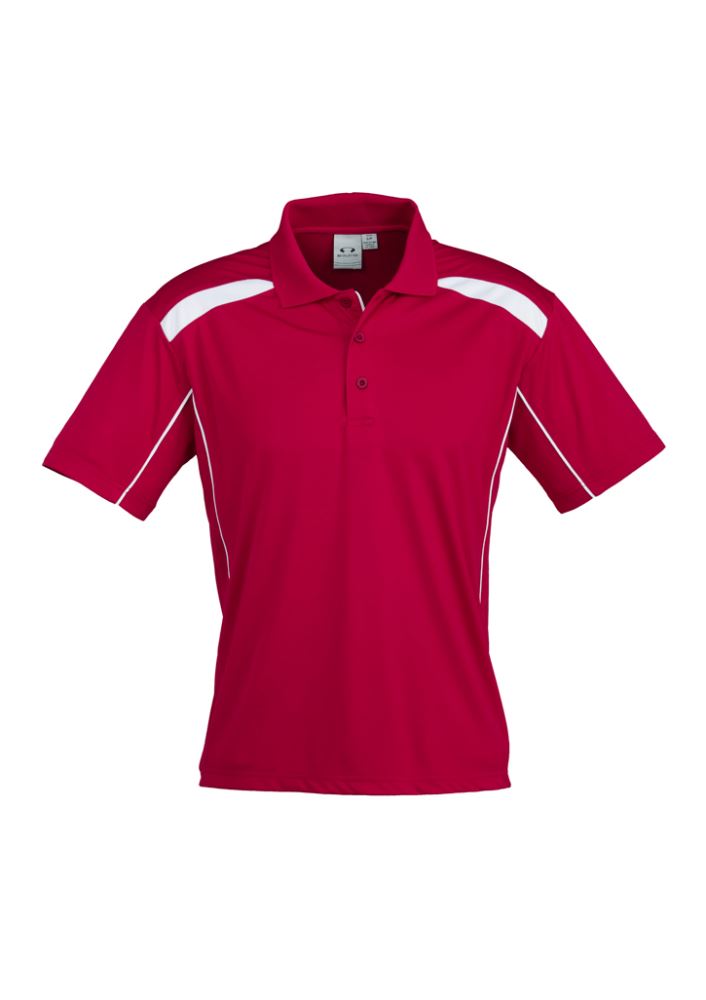 Men's United Short Sleeve Polo in red and white, featuring breathable fabric, mesh panels, and stylish design elements.