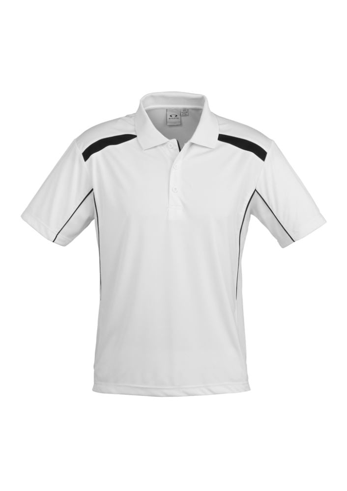 Men's United Short Sleeve Polo in White/Black, featuring breathable fabric, contrast panels, and a practical pocket.