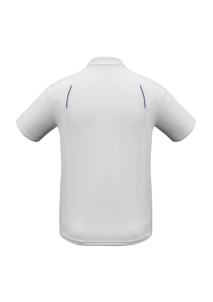Men's white/navy polo shirt with breathable fabric, contrast panels, and a stylish knitted collar, perfect for casual wear.
