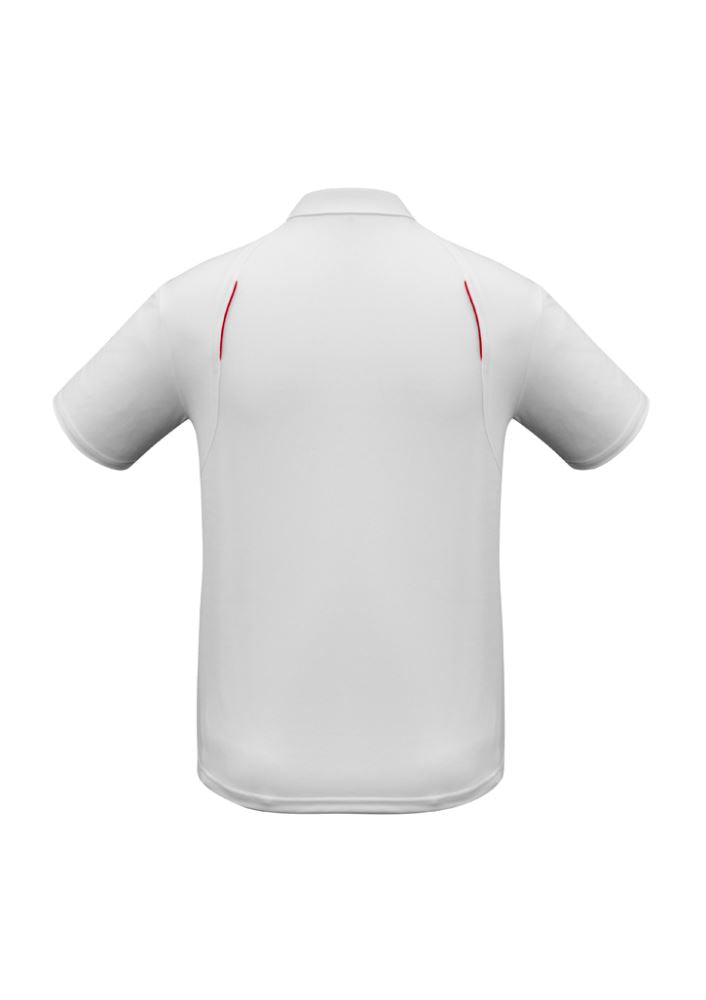 Men's United Short Sleeve Polo in white and red, featuring breathable fabric, UPF protection, and a classic knitted collar.