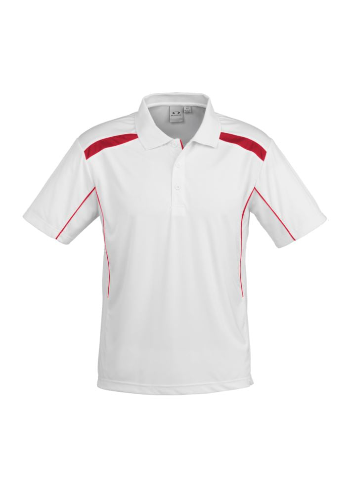 Men's United Short Sleeve Polo in white and red, featuring breathable polyester, mesh panels, and a stylish knitted collar.
