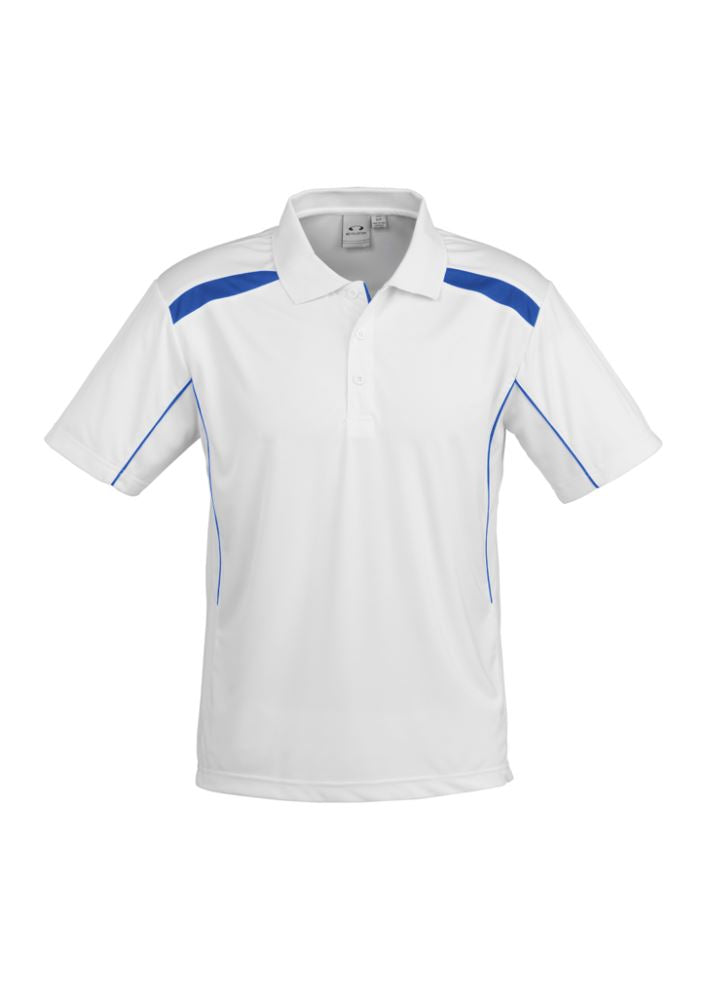 Men's white and royal short sleeve polo with breathable fabric, contrast panels, and a stylish knitted collar, size L.