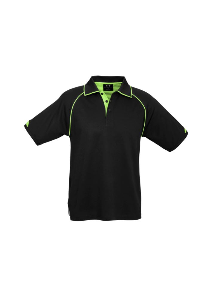 Men's Fusion Polo in Black/Fluoro Lime, featuring quick-dry fabric, UV protection, and a ribbed collar, size S.