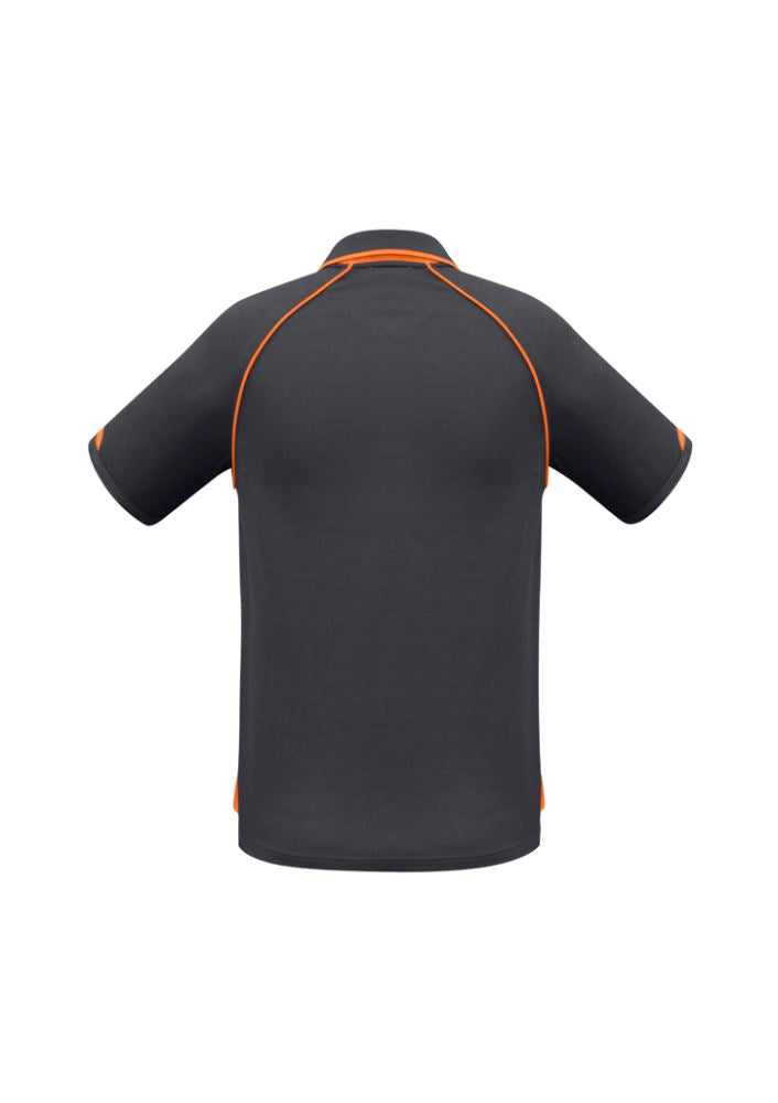Men's Fusion Polo in grey with fluro orange trims, featuring BIZ COOL technology for comfort, UPF sun protection, and a loose pocket.