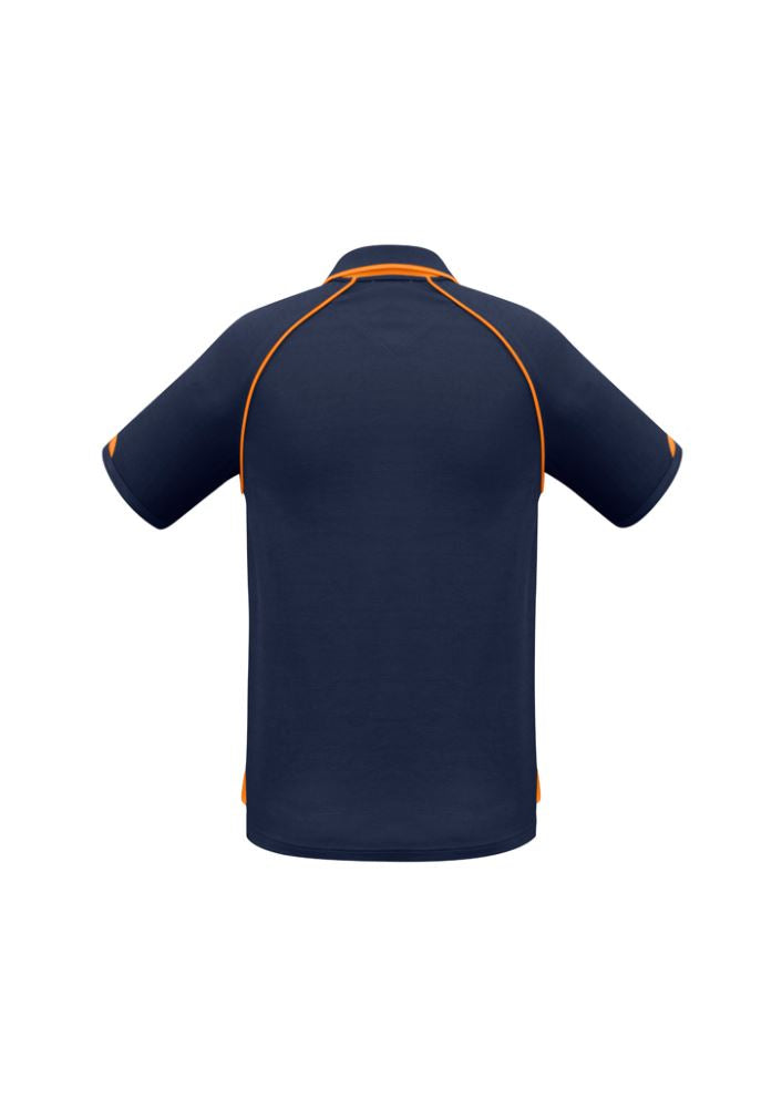 Men's Fusion Polo in Navy with Fluoro Orange trim, featuring quick-dry fabric, ribbed collar, and UPF sun protection. Size XL.