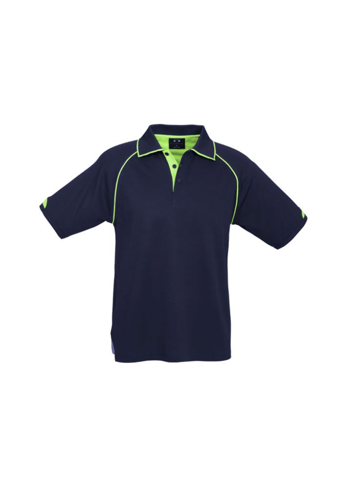 Navy and fluoro lime Men's Fusion Polo, size M, featuring breathable fabric, quick-dry technology, and hip pocket design.