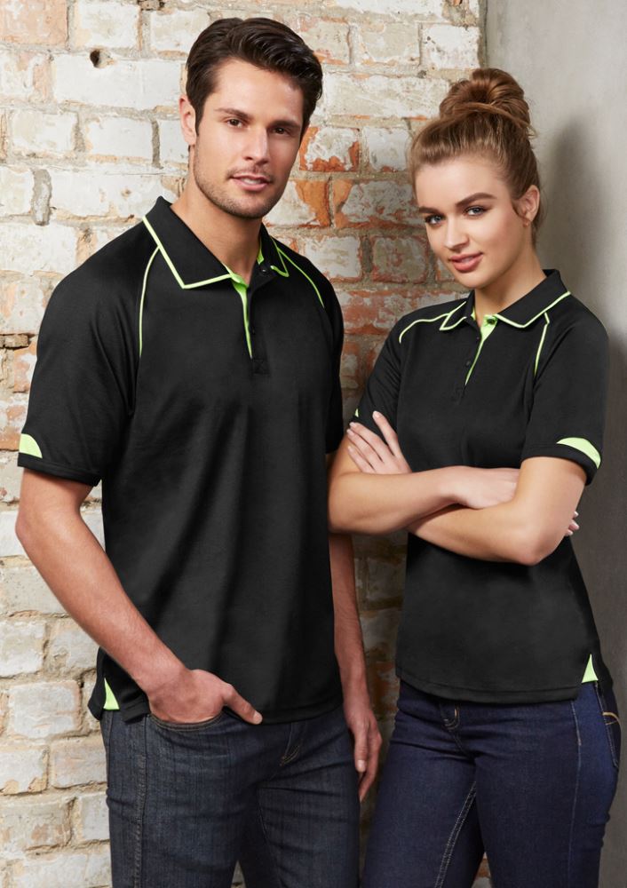 Men's Fusion Polo in black and fluoro lime, featuring breathable fabric, ribbed collar, side splits, and a practical pocket.