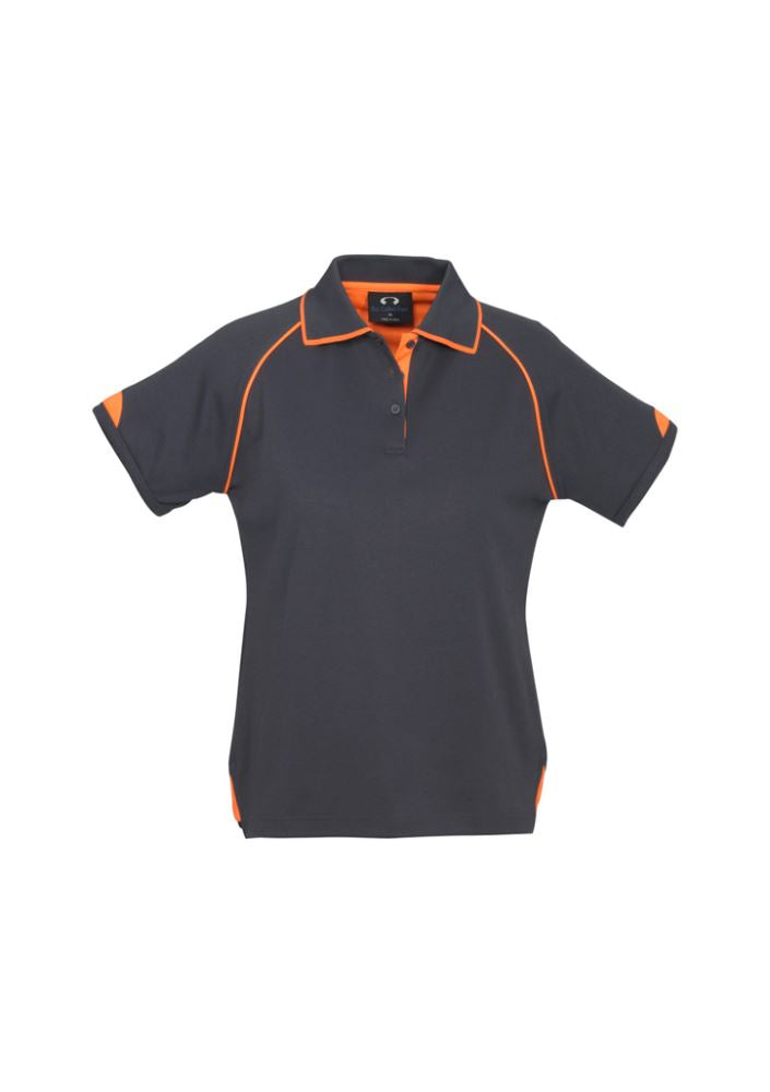 Stylish Ladies Fusion Polo in grey and fluro orange, showcasing quick-dry fabric and vibrant design for active wear. Size 14.