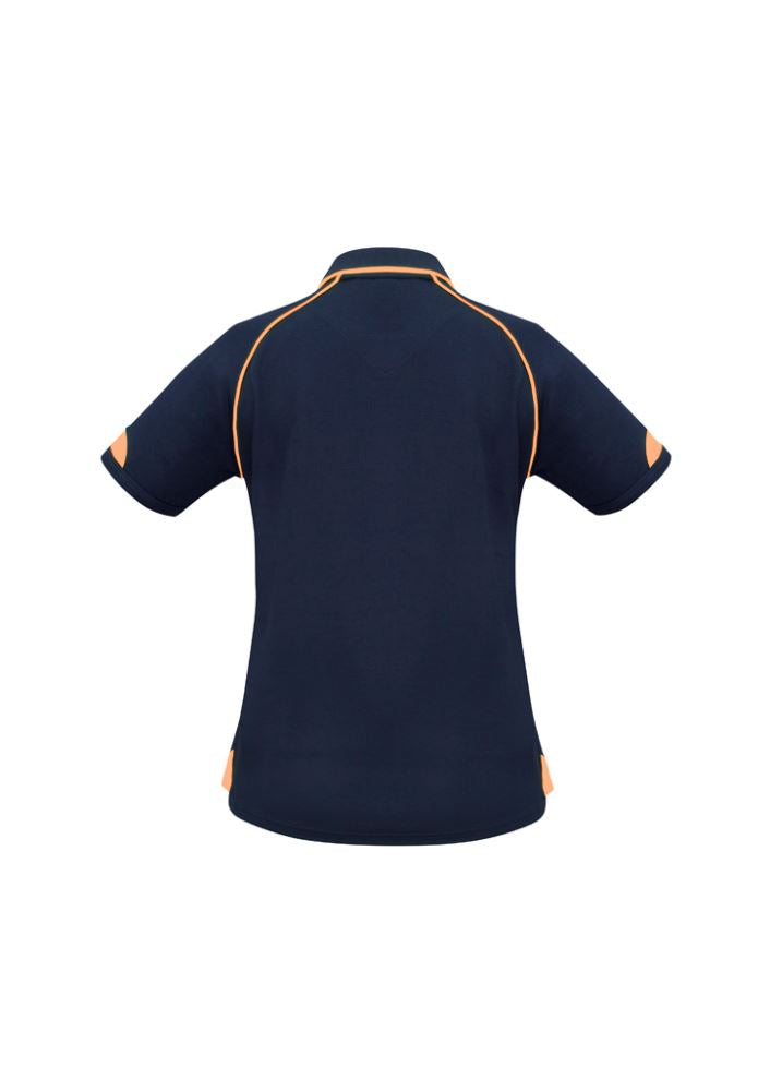 Navy and fluoro orange Ladies Fusion Polo, Size 14, featuring breathable fabric, quick-dry properties, and stylish design.
