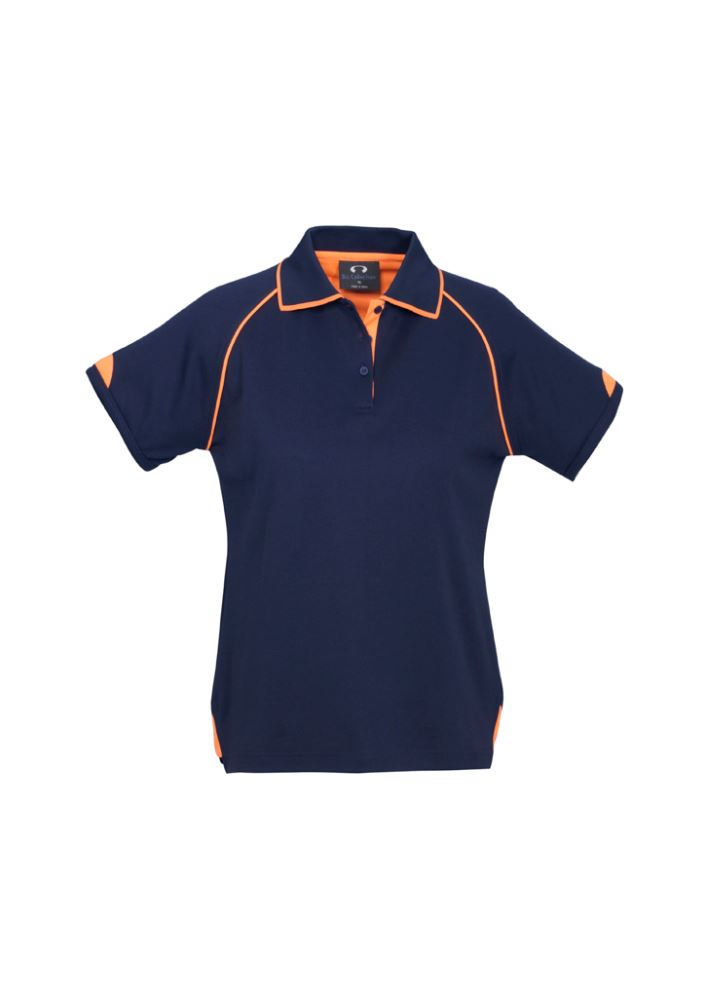 Ladies Fusion Polo in Navy/Fluoro Orange, Size 18, featuring a ribbed collar and quick-dry fabric, ideal for work and play.