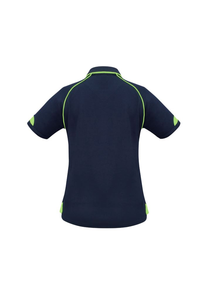 Ladies Fusion Polo in Navy and Fluoro Lime, size 22, featuring quick-dry fabric, UPF protection, and sporty ribbed collar.